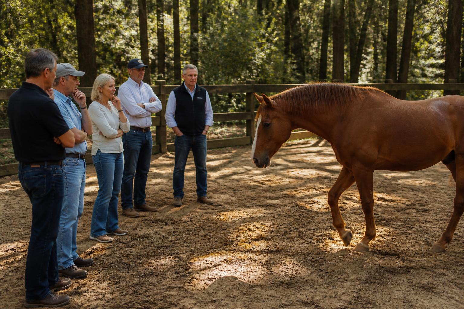 Equipe corporativa em vivência com cavalo